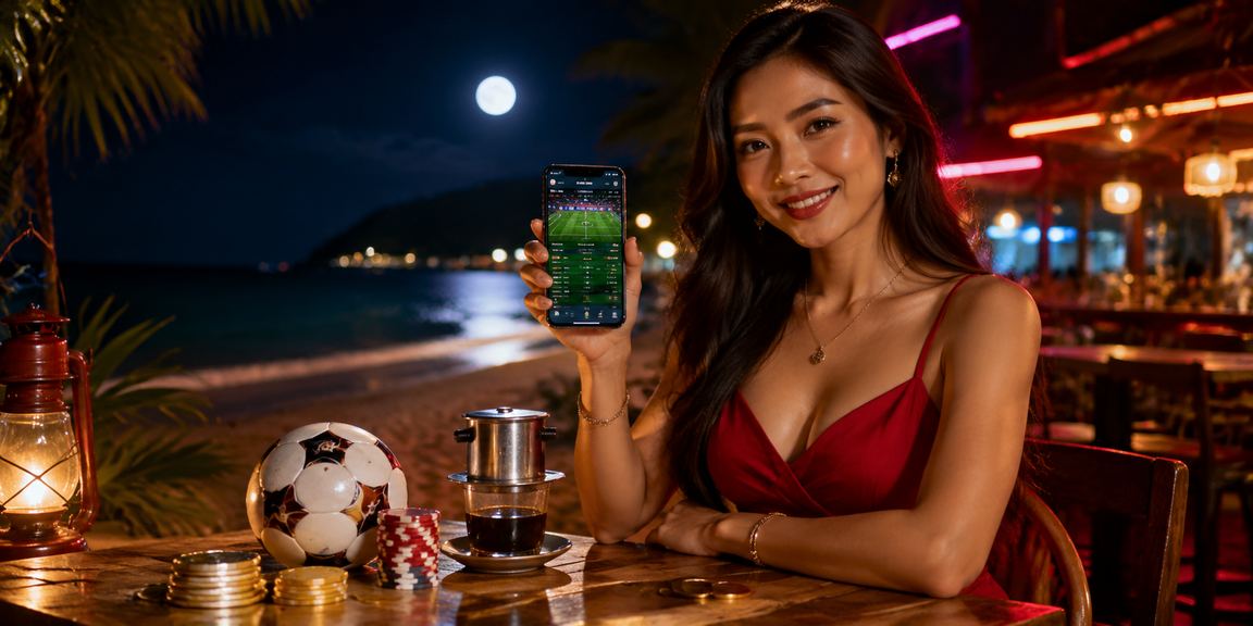 Người dùng Côn Đảo uống cà phê và theo dõi tỷ lệ kèo bóng đá trên điện thoại